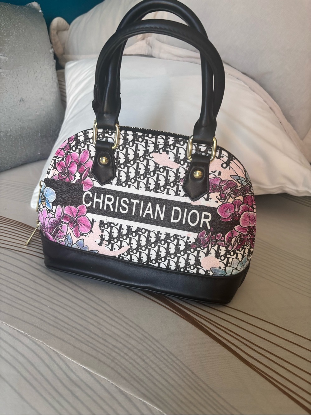 Inspired Dior Black Trim Floral Logo Dome Bag with Pink Accents - Picture 2 of 11